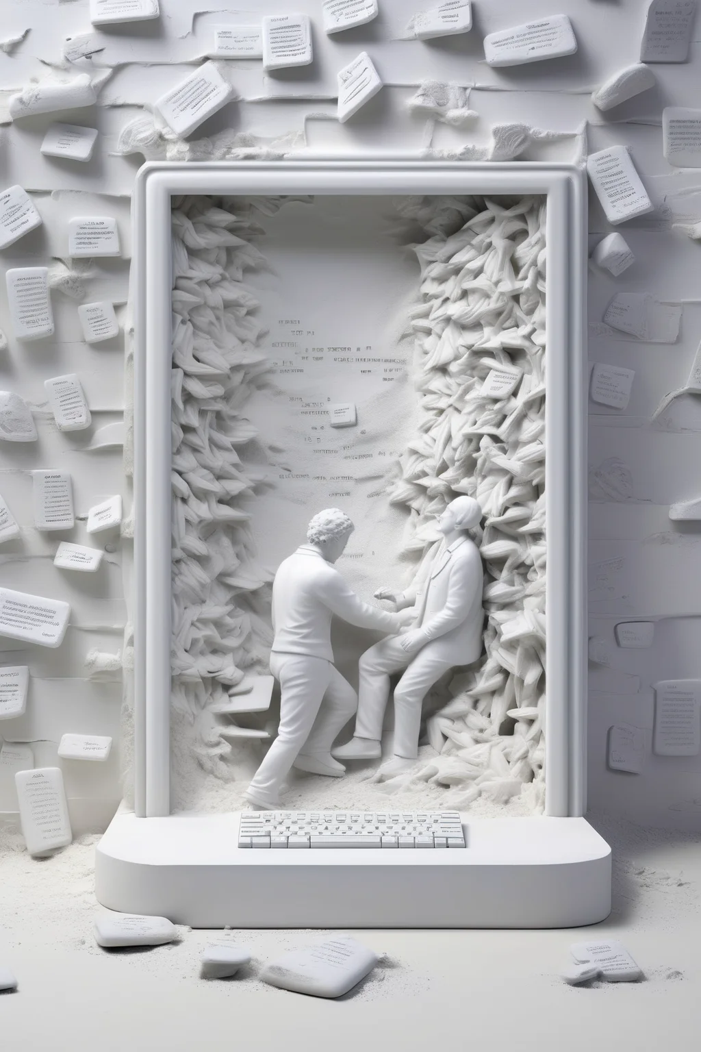 <lora:Daniel Arsham Style:1>Daniel Arsham Style - Imagine a series of emails on a computer screen, each one representing a step in the process of reactivating a customer, reimagined in the unique style of Daniel Arsham. The screen and the emails are depicted in a pure, ethereal white, appearing as if they've been carved from white marble or plaster. The medium is photorealistic, capturing the intricate details of the emails, from the engaging content to the personalized offers. The style is inspired by Arsham, with the scene appearing as if it's been weathered over time, yet still retaining its original form. The lighting is bright and clear, casting gentle shadows that accentuate the contours of the screen and the emails. The composition is a close-up shot, taken with a high-resolution 16k camera, using a macro lens to capture the emails in all their glory. The background is a simple, uncluttered grey, allowing the emails to take center stage.
