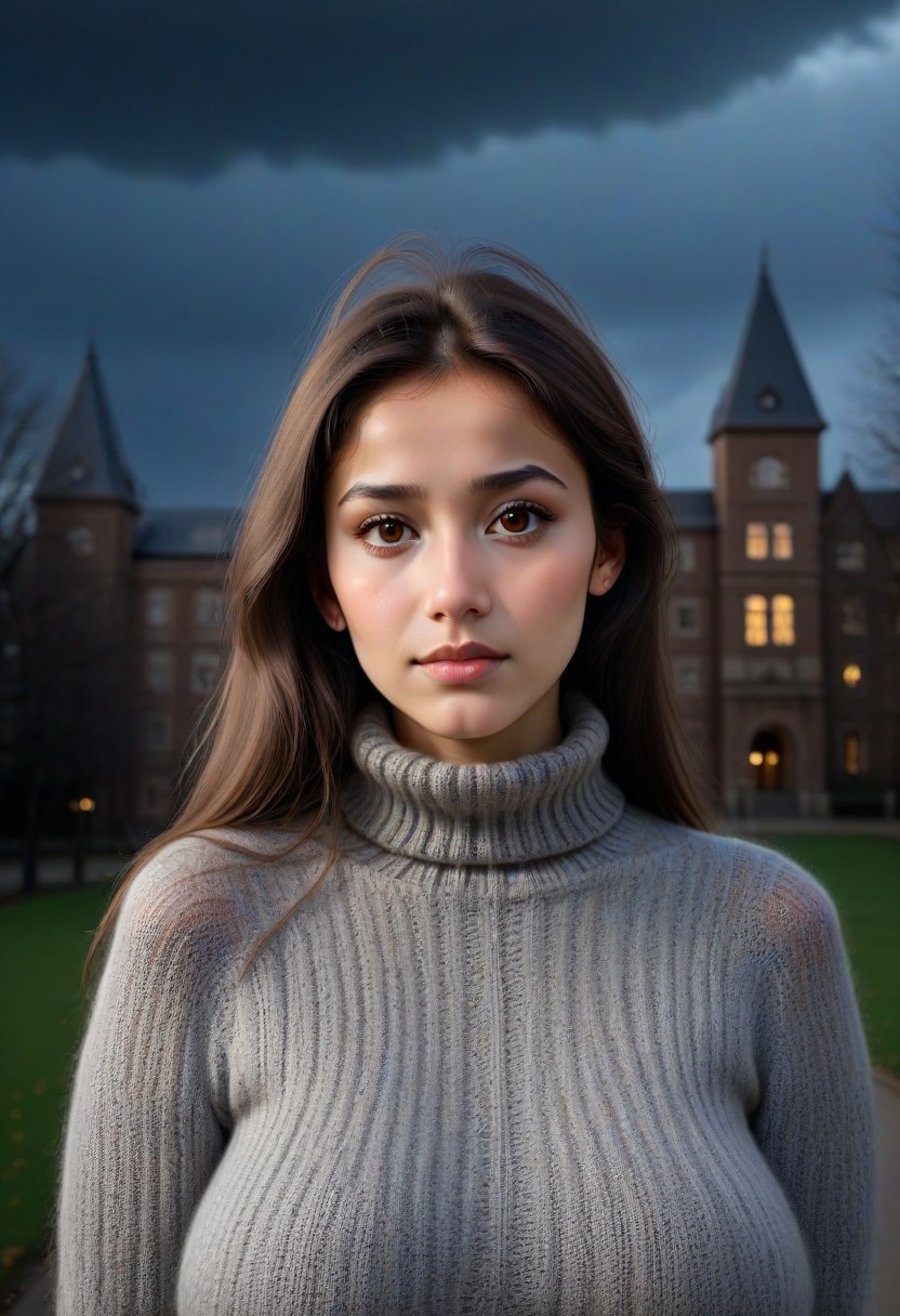 portrait of young Tia as a slim university student wearig a grey coarsely knitted sweater, fully covered ample bust, brown eyes, university background, dark sky, clouds, trees, university building,Tiaris, sinfully stylish, dramatic lighting, shadows, soft light, close up, low light