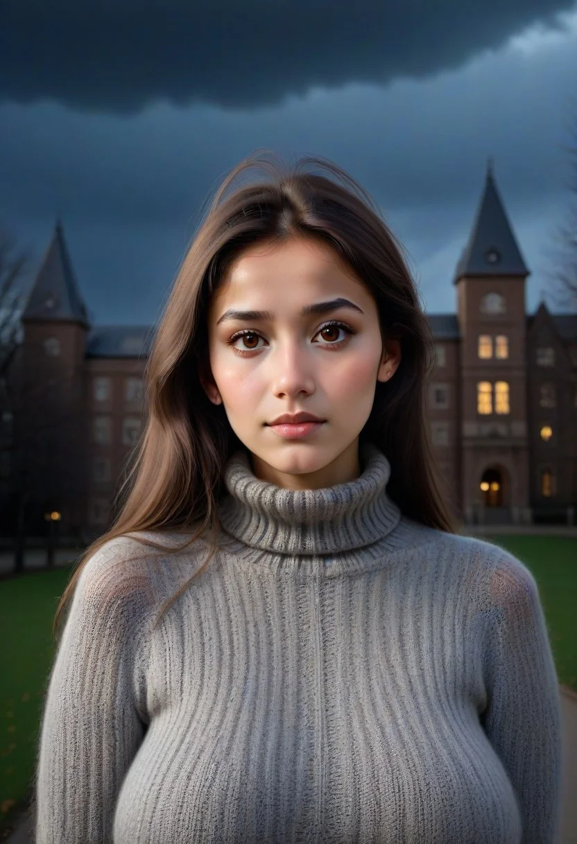 portrait of young Tia as a slim university student wearig a grey coarsely knitted sweater, fully covered ample bust, brown eyes, university background, dark sky, clouds, trees, university building,Tiaris, sinfully stylish, dramatic lighting, shadows, soft light, close up, low light