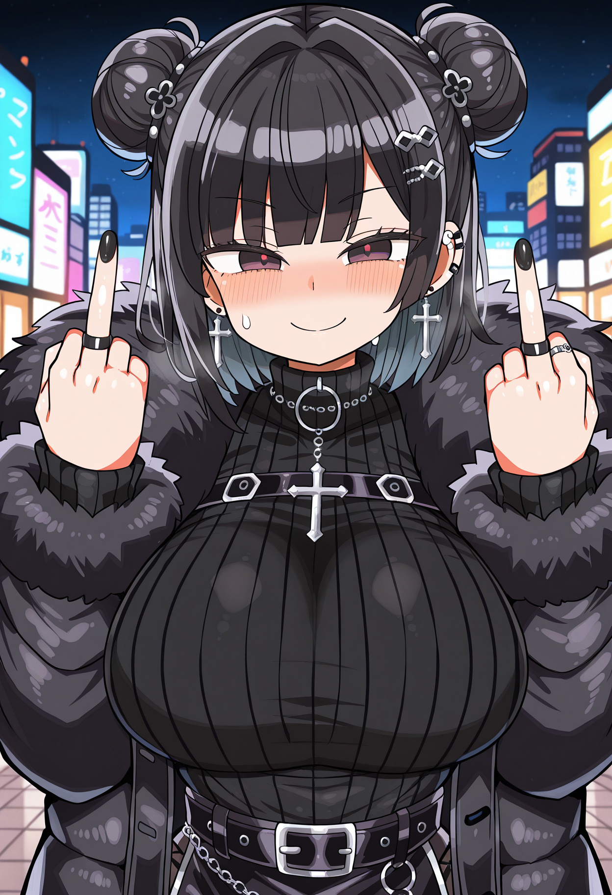 masterpiece,best quality,amazing quality,
1girl, bangs,black hair, blunt bangs, hair bun, double bun, tattoo,piercing, ring, ear piercing, black nails, hair ornament, cross earrings, gothic,
beautiful girl, detailed eyes looking at viewer, blush, smile,
fur coat, hugging fur, turtleneck sweater, choker, close up face, night city,
middle finger, pointed viewer,
<lora:kanikamaIL-style:1>, kanikamastyle,