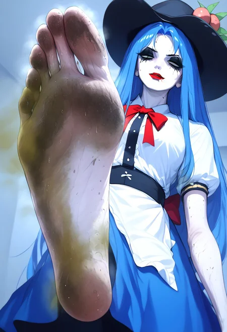 score_9_up, score_8_up, score_7_up, best quality, highres, (((masterpiece))), (sweaty:1.4), 1girl, solo, tenshi, hinanawi tenshi, long hair, blue hair, black hat, peaches, white shirt, blue skirt, waist apron, sweaty feet, sweat dripping from feet, smug, (Pungent Green Stink:1.8), (Extremely Stinky Feet:1.8), stinky feet, smelly feet, rancid feet, cheesy feet, toe jam, foot stink, thick scent, thick smell, inviting, (dirty feet:1.2), dominating, steaming feet, deep arches, stench, foot stench, stink cloud, stink lines, overwhelming stink, shaded face, oily, greasy, long toenails, very long toenails, long nails, from below, low angle, looking down at viewer, pov feet, pale skin, very pale skin, pale feet, very pale feet, red lipstick, black eyeshadow, dirty feet, nasty feet, (((five toes))), footstomp, foot focus, soles, foreshortening, view from below, deep arches, wrinkly soles, holding shoe, worn shoe