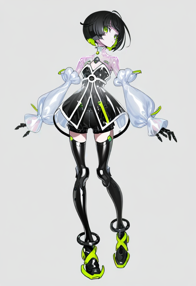 <lora:yoneyamaiXL_il_lokr_V53P1:0.95> 1girl, solo, black hair, short hair, white background, see-through, thighhighs, see-through sleeves, full body, simple background, android, bangs, green eyes, looking at viewer, bob cut, detached sleeves, dress, long sleeves, multicolored hair, shorts, shoes, robot joints, standing