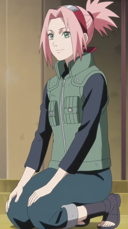 source_anime, score_9, score_8_up, score_7_up, anime screencap, high quality, 8k, absurdres, official style, <lora:Sakura_Haruno:0.8>, sakura haruno, pink hair, green eyes, short hair, green outfit, ponytail, forehead protector, konohagakure symbol, vest, pockets, green vest, pants, blue pants, blue shoes, blue sleeves, long sleeves, toeless footwear, on knees, smile, looking at viewer,