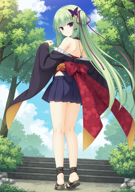scape,day,sky,cloud,nature,blue sky, murasame \(senren\),1girl,solo,long hair,hair ornament,looking back,green hair,smile,japanese clothes,butterfly hair ornament,bare shoulders,looking at viewer,detached sleeves,ribbon,hair ribbon,sash,red eyes,smile,sandals,pleated skirt,standing,full body,