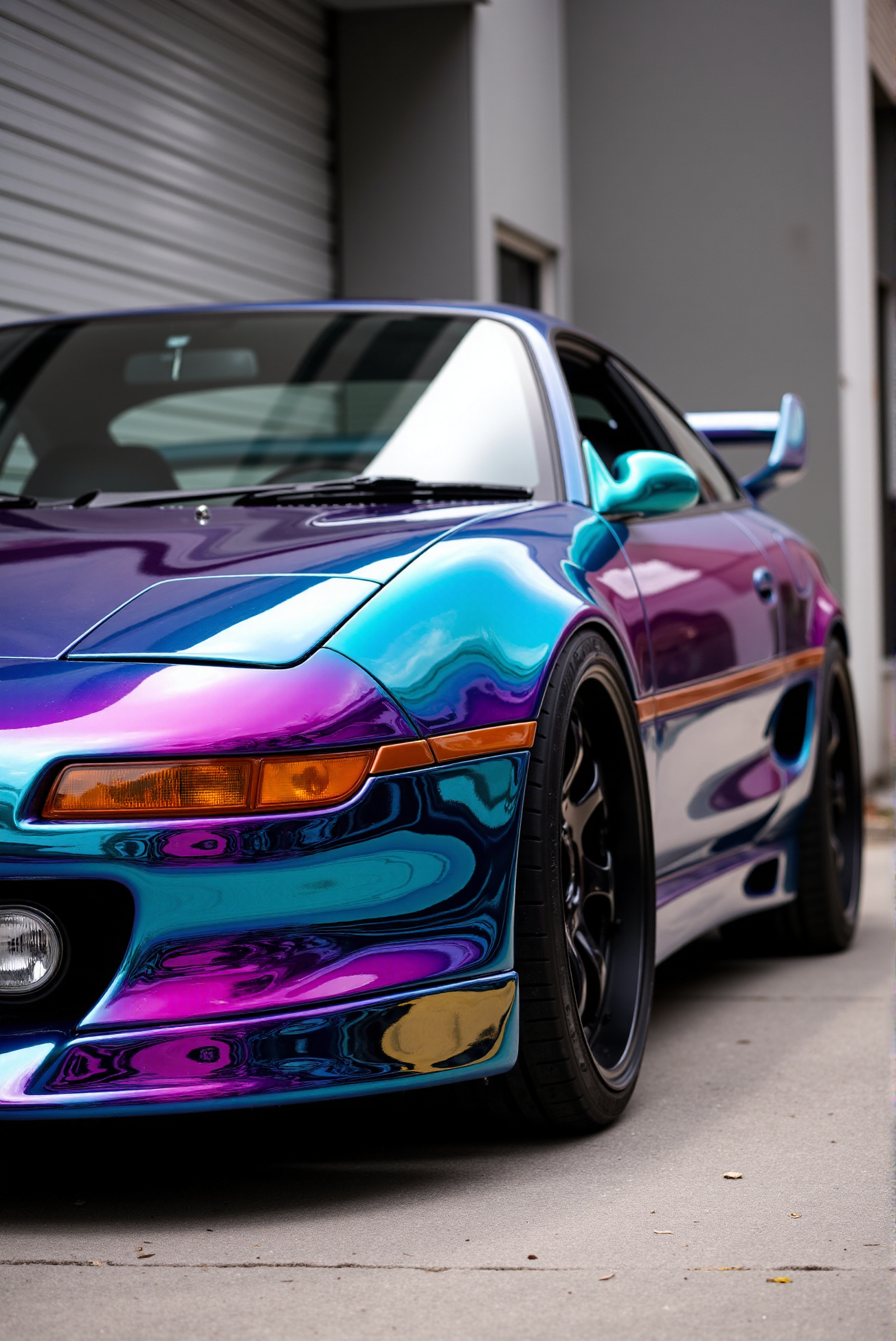<lora:Toyota_MR2_SW20:0.8>
(From a side view of A Toyota MR2 (SW20) from late '90:1.3). Liquid mirror holographic wrap bursting with multidirectional hues of pink, turquoise, lime, and icy violet, layered with a diamond-clear gloss that scatters reflections in prismatic flashes across the body. The surface appears hyper-slick and mirror-smooth, refracting sunlight into vibrant rainbow gradients that shift dramatically with viewing angle. Hard shadows and high-specular reflections anchor the wrap in reality, while exaggerated curves amplify the visual fluidity. Paired with oversized black wheels and a lowered stance, the effect delivers a full-spectrum, high-energy show car presence.