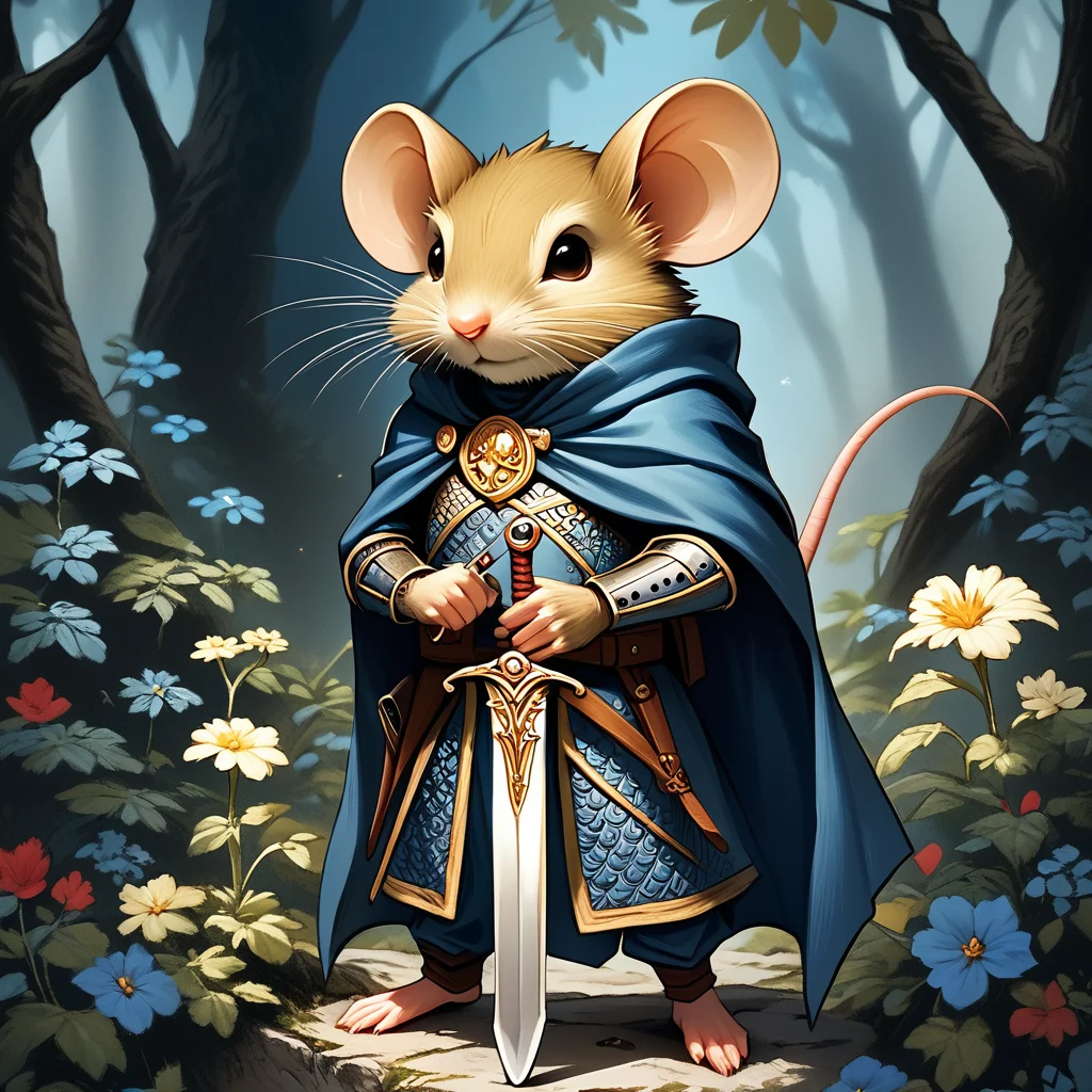 core_9, score_8_up, score_7_up, <lora:MazesMicePony:0.8> MazesAndMice, The image is a digital illustration of a mouse dressed up as a knight. The mouse is standing in a forest-like setting with tall trees and bushes in the background. It is wearing a blue cloak with gold accents and a gold belt with a sword in its hand. The cloak has a gold emblem on the left side and a red ribbon tied around its waist. The sword is held in the mouse's right hand and is pointed towards the viewer. The background is dark and the overall mood of the image is mysterious and magical., weapon, sword, mouse, cape, solo, flower, furry, mouse ears, nature, armor