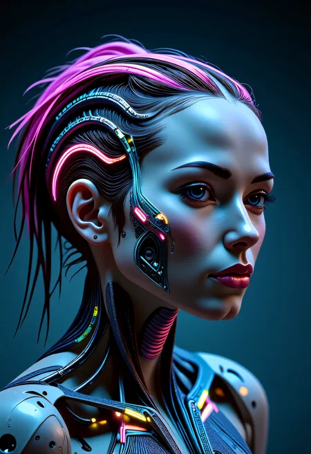 A sleek, a humanoid biopunk robot head with a glowing multicolored neon circuitry grid visible beneath its translucent, pale skin, stands serenely within a minimalist, high-tech space. Its delicate facial features, high cheekbones, and subtle, enigmatic smile are set amidst a wild tangle of fiber-optic 'hair' strands that shimmer and glow in harmony with the circuitry. A soft, ethereal glow from the background's blurred, gradient blend of dark blues and purples casts an otherworldly light, causing the neon colors to shimmer with increased vibrancy and imbuing the scene with a sense of enchanting futurism, as if this robot is a masterpiece of modern technology. <lora:artist/style of H. R. Giger FLUX 295-000006.safetensors:1.0>, style of H. R. Giger, <lora:flux/Realism 2>, realism, realistic, <lora:fantasy_portrait_by_cosmic>, <lora:flux_trainer/bioPunk_v1>