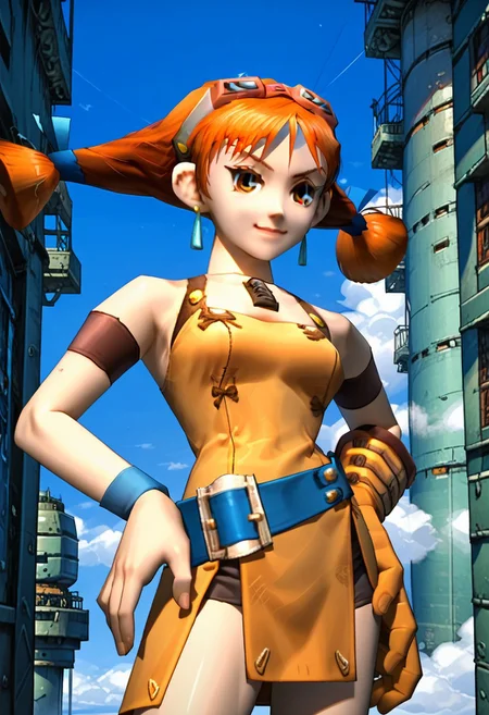 score_9, score_8_up, score_7_up,source anime,aika, 1girl, solo, twintails, jewelry, goggles, earrings, orange hair, belt, goggles on head, short dress, dress, boots, smile, one hand on hip other hand behind head, Expressiveh