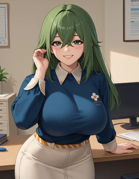 score_9, score_8_up, score_7_up,score_6_up  source_anime ,1girl,huge breasts, wide hips,looking at viewer, smile,blush,hand in own hair,leaning forward, indoors,office
<lora:venus_(zenless_zone_zero)-koto-PonyXL:1> venuzzz, long hair, green hair, hair between eyes, blue shirt, long sleeve shirt, white skirt, green eyes