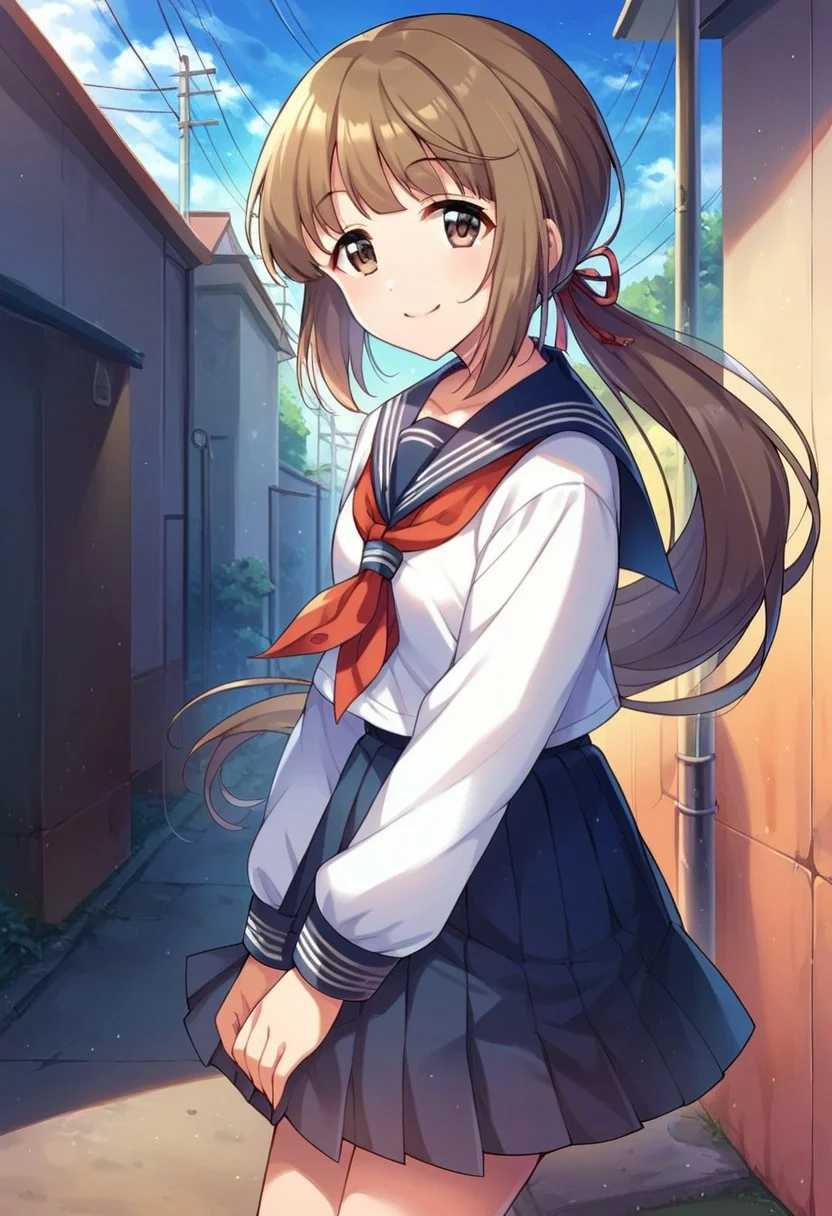 score_9, score_8_up, score_7_up, score_6_up, score_5_up, score_4_up,yorita yoshino, brown hair, brown eyes, long hair, 1girl, school uniform, solo, serafuku, smile, skirt, ponytail, power lines, looking at viewer, outdoors, ribbon