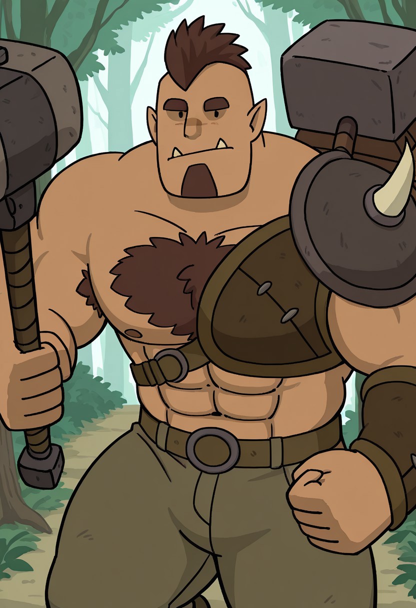 detailed background, detailed background, masterpiece, perfect quality, best quality, detailed, newest, very aesthetic, OrcRMA, tusks, orc, pointy ears, facial hair, short hair, bara, solo, 1boy, male focus, woods background, pectorals, abs, muscular, chest hair, looking at viewer, black dot eyes, shoulder armor, weapon, pants, (((tan skin))), hammer,