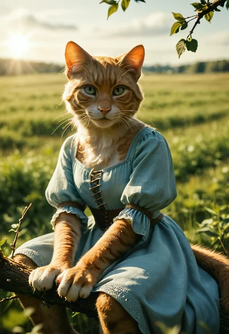 score_9, score_8_up, score_7_up, cat, furry,  sitting in a branch, sunny, rating_safe, medieval dress, field, smirk, DSLR photo, best quality, 85mm lens, shallow depth of field, soft lighting, highly detailed, cinematic composition