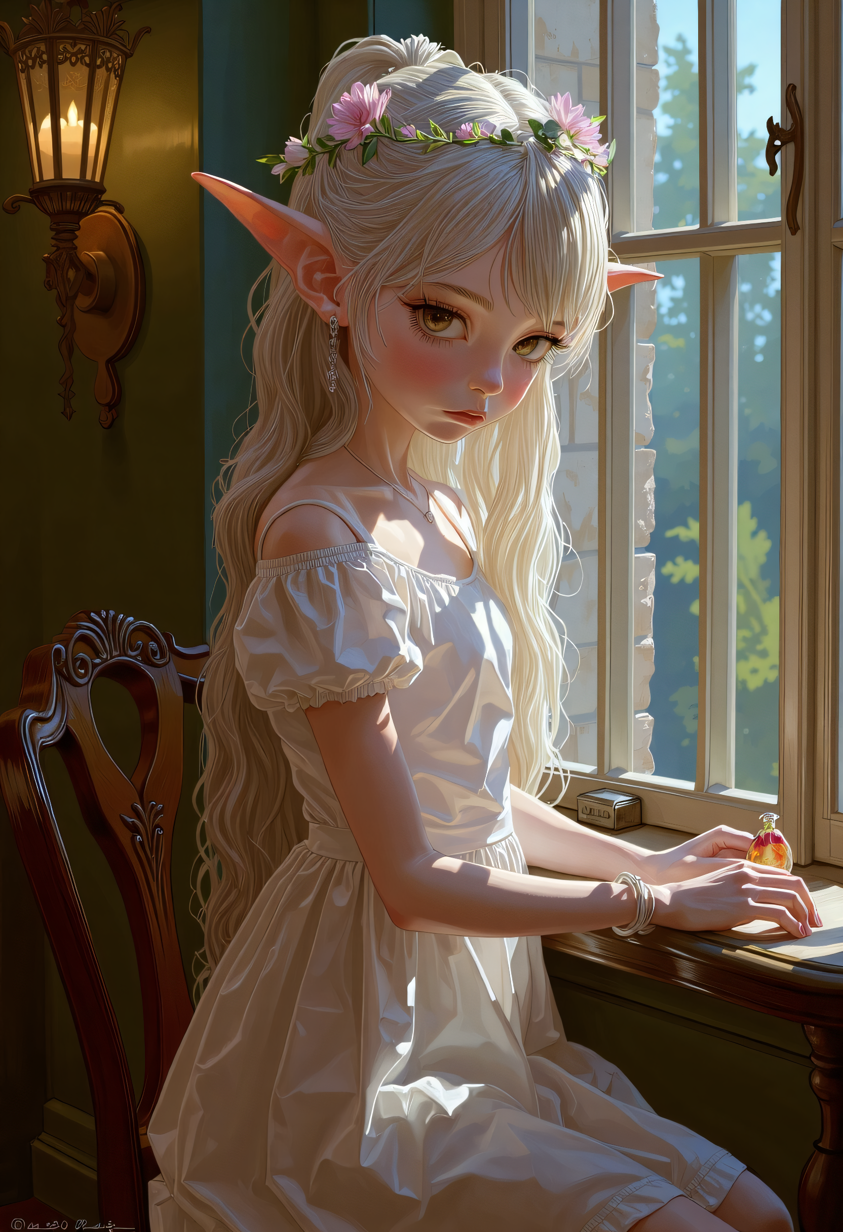 SWMS, elf sorcerer girl, snowy white hair cascading down her back, Dimly lit neon eyes, pale white skin, (sleek skintight elven outfit), (voluminous cloak), sharp narrow jaw, ((Full Body)), crystal crown, ((Detailed fantasy elven city background)), ((glyphs, runes, glowing)), sitting at cafe bar, turned around, looking back, detailed drawing   <lora:FLUX - SWMSF - Styles for FLUX ( detailed drawing, swms ):1> <lora:FLUX - Surreal_Photo (Glitter):0.6>