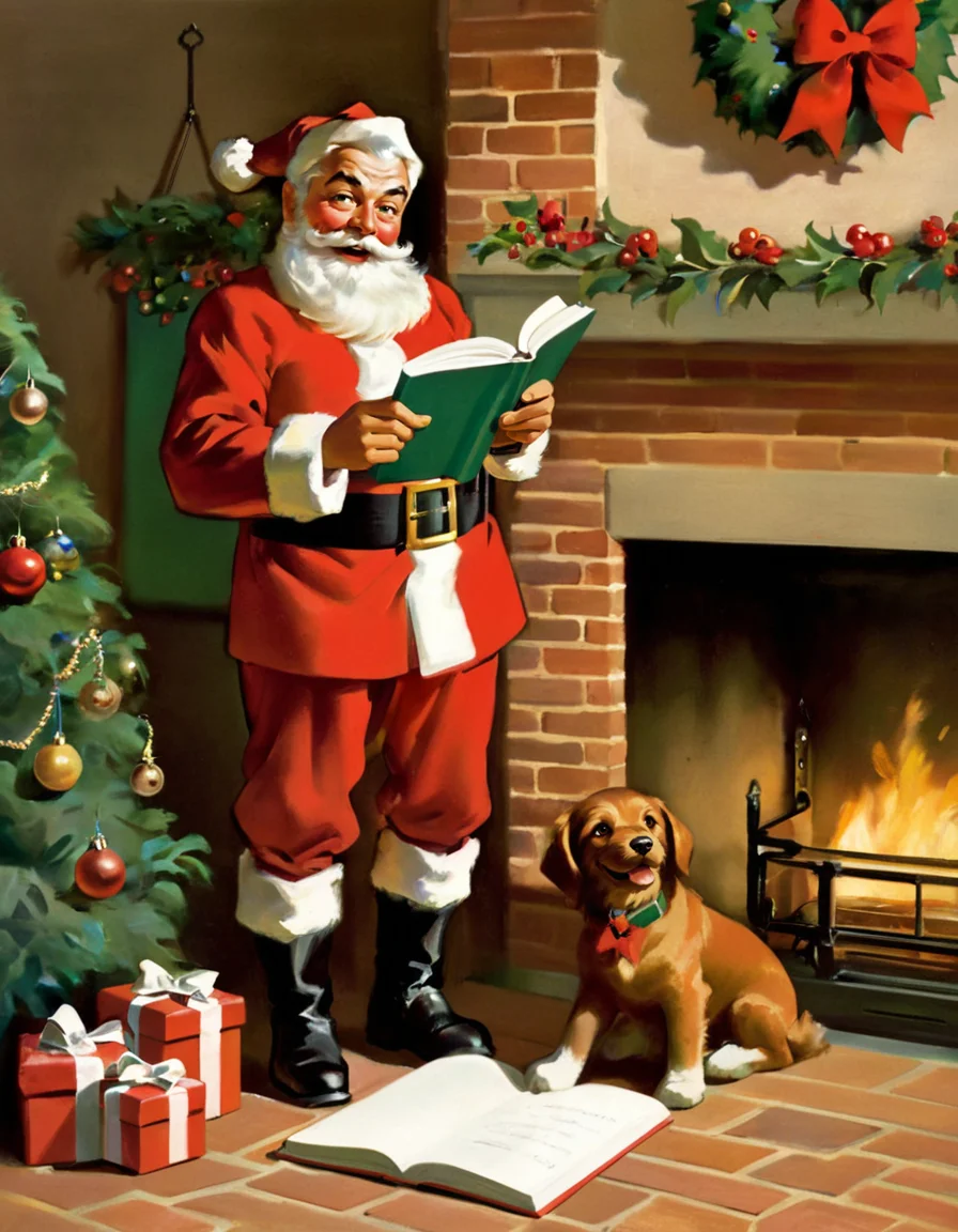 Advertising poster style A Sundblom painting depicting The image captures a festive and whimsical scene, featuring a jolly Santa Claus dressed in his iconic red suit with white fur trim. He stands next to a cozy fireplace, engrossed in a book titled "Good Boys and Girls," with a mischievous smile on his face. Santa is adjusting his glasses, surrounded by Christmas decorations, including a wreath and stockings hung above the mantle. In the background, two small children, one with blonde hair, one with brown hair, peeking around the corner, eyes wide with excitement and curiosity, as if hoping to catch Santa in action. A classic glass bottle of Coca-Cola rests on the mantle beside a handwritten note reading "Dear Santa, Please Pause Here. Jimmy," adding a personal touch to the scene. The room is adorned with warm colors and a homely atmosphere, highlighted by the soft glow from the fireplace, which emits a gentle light that enhances the festive mood. The floor is covered with a green rug, contrasting with the stone and brick of the fireplace. Overall, the composition radiates a sense of joy and captures the magical spirit of Christmas.<lora:HSundblom1-000003:1> . Professional, modern, product-focused, commercial, eye-catching, highly detailed