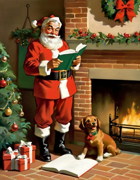 Advertising poster style A Sundblom painting depicting The image captures a festive and whimsical scene, featuring a jolly Santa Claus dressed in his iconic red suit with white fur trim. He stands next to a cozy fireplace, engrossed in a book titled "Good Boys and Girls," with a mischievous smile on his face. Santa is adjusting his glasses, surrounded by Christmas decorations, including a wreath and stockings hung above the mantle. In the background, two small children, one with blonde hair, one with brown hair, peeking around the corner, eyes wide with excitement and curiosity, as if hoping to catch Santa in action. A classic glass bottle of Coca-Cola rests on the mantle beside a handwritten note reading "Dear Santa, Please Pause Here. Jimmy," adding a personal touch to the scene. The room is adorned with warm colors and a homely atmosphere, highlighted by the soft glow from the fireplace, which emits a gentle light that enhances the festive mood. The floor is covered with a green rug, contrasting with the stone and brick of the fireplace. Overall, the composition radiates a sense of joy and captures the magical spirit of Christmas.<lora:HSundblom1-000003:1> . Professional, modern, product-focused, commercial, eye-catching, highly detailed