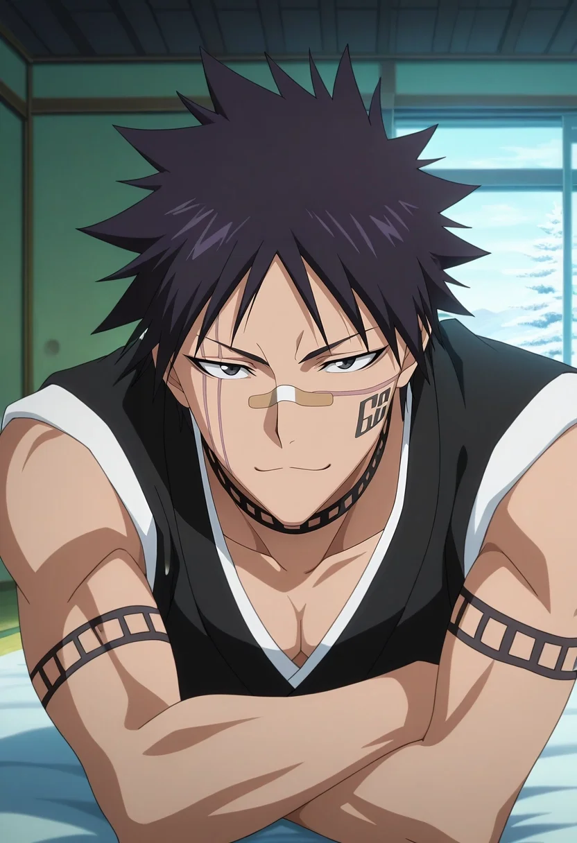 masterpiece, best quality, intricate details, anime screencap, anime coloring, official style, looking at viewer, 1boy, solo, male focus, <lora:shuuhei_hisagi_ilxl:0.98>, shuuhei_hisagi, black hair, black eyes, short hair, spiked hair, tattoo, facial mark, bandaid on nose, scar on face, japanese clothes, sleeveless, choker, rule of thirds, snowy field, indoors, light, the pose, :\3,