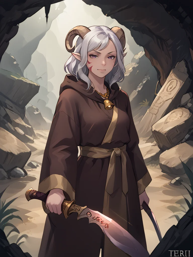 source_furry, score_7_up, rating_safe, source_anime:1.2,
kukri, holding kukri:1.5, holding weapon:1.2, cowboy shot, close up:1.4,
tiefling_bard_Diana, silver hiar, robe:1.2, solo, cave, naughty face, swept bangs, ruins, bell necklace,
purple eyes, <lora:whisker_markings:0.4>red whisker_markings,
<lora:Nanoless_Artist_Style_PonyXL:0.> <lora:age_slider_v4:0.7>
<lora:Test_Diana:0.8>,
<lora:Smooth Style 2 SDXL_LoRA_Pony Diffusion V6 XL:0.3>
<lora:kukri:1> <lora:FlatAnimePony:0.6>