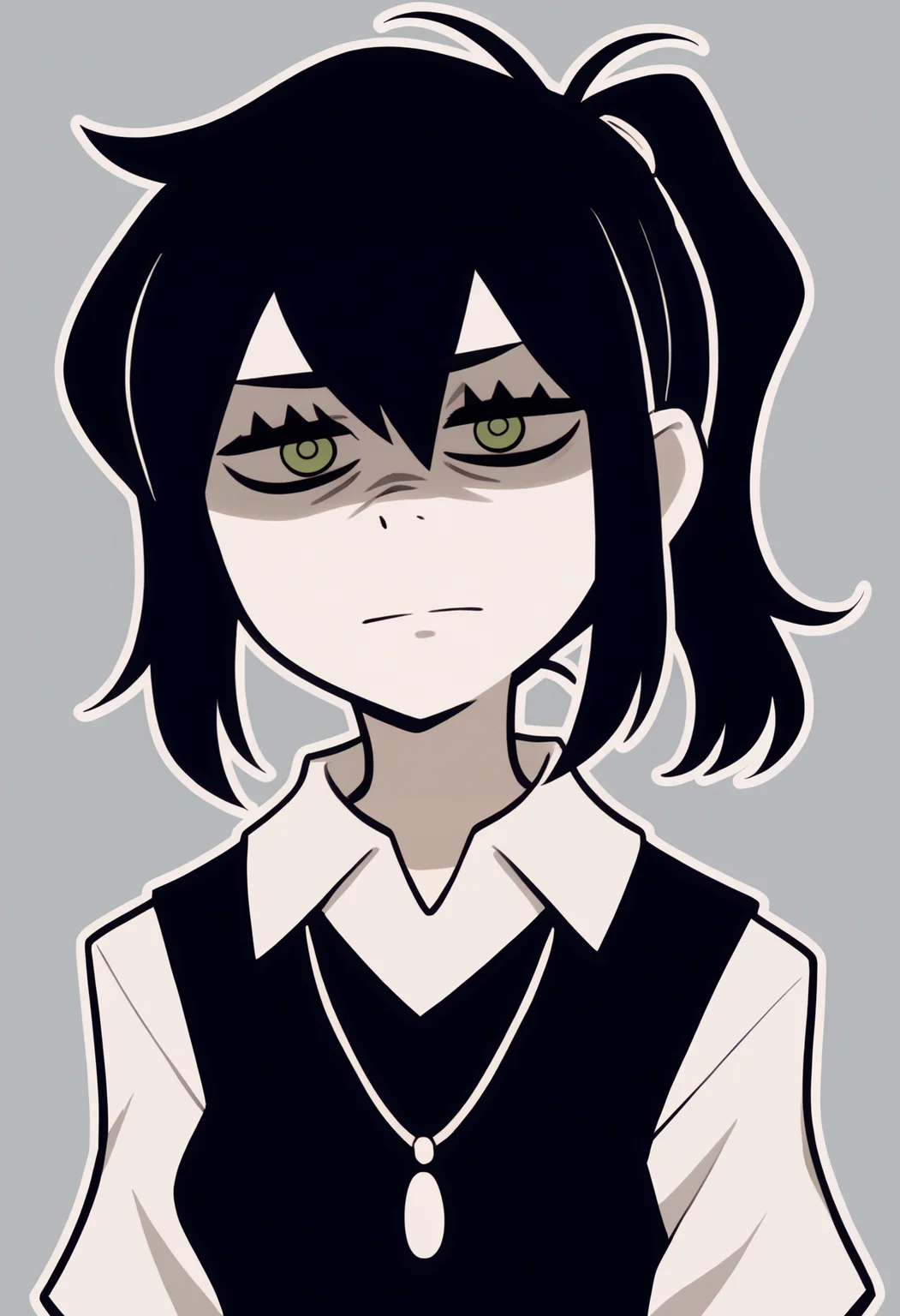 score_9, score_8_up, score_7_up, outline, BREAK
1girl, reneegr, black hair, ponytail, sidelocks, green eyes, jitome, bags under eyes,
necklace, collared white shirt, black sweater vest,
upper body, standing, looking at viewer, solo, simple background, grey background <lora:ReneeGravesXL_byKonan:1>