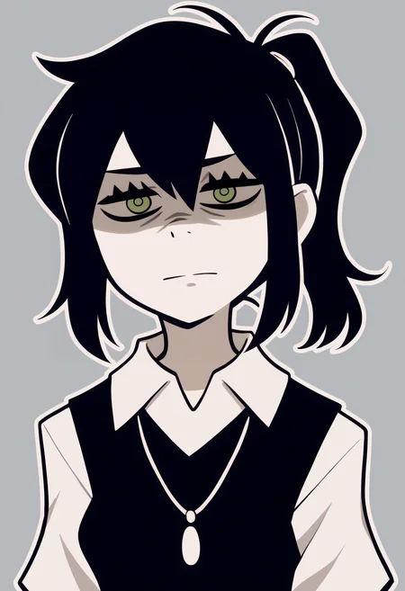 score_9, score_8_up, score_7_up, outline, BREAK
1girl, reneegr, black hair, ponytail, sidelocks, green eyes,  jitome, bags under eyes,
necklace, collared white shirt, black sweater vest,
upper body, standing, looking at viewer, solo, simple background, grey background    <lora:ReneeGravesXL_byKonan:1>