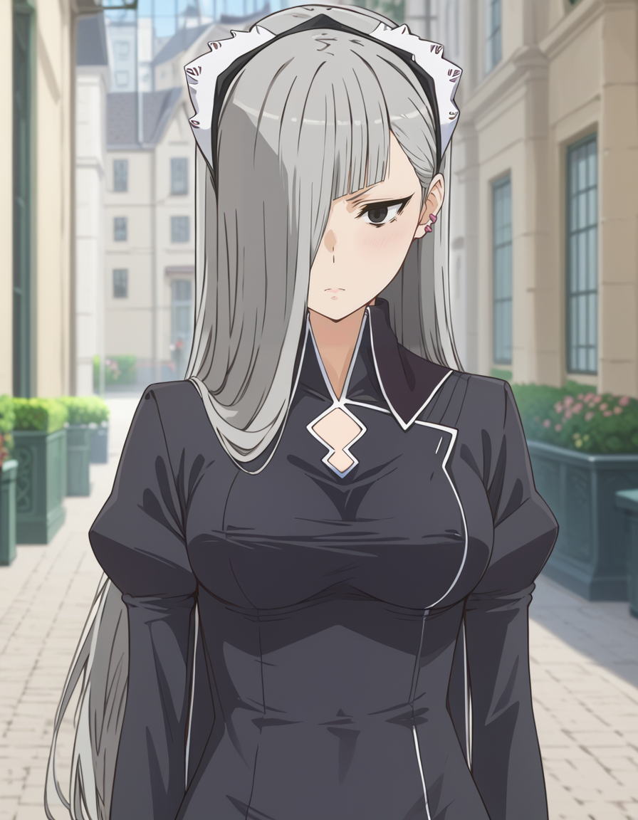 score_9, score_8_up, score_7_up, source_anime, high res image, masterpiece, best quality, BREAK
1girl, solo, blurry background, cowboy shot,
<lora:horn-danmachi_s5-anime-soralz:1>, horn (danmachi s5), long hair, grey hair, maid headdress, hair over one eye, black eyes, earrings,