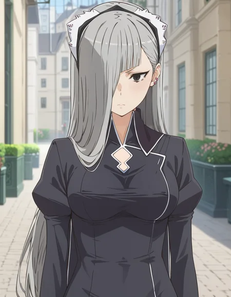 score_9, score_8_up, score_7_up, source_anime, high res image, masterpiece, best quality, BREAK
1girl, solo, blurry background, cowboy shot,
<lora:horn-danmachi_s5-anime-soralz:1>, horn (danmachi s5), long hair, grey hair, maid headdress, hair over one eye, black eyes, earrings,