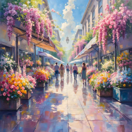 ArsMJStyle, ((Impressionism )), A vibrant flower market in full swing, stalls overflowing with colorful blooms. Vendors and customers mingle, their forms suggested by quick brushstrokes. Sunlight filters through awnings, casting a warm glow over the scene and intensifying the riot of colors, creating a sensory feast of sight and implied fragrance.