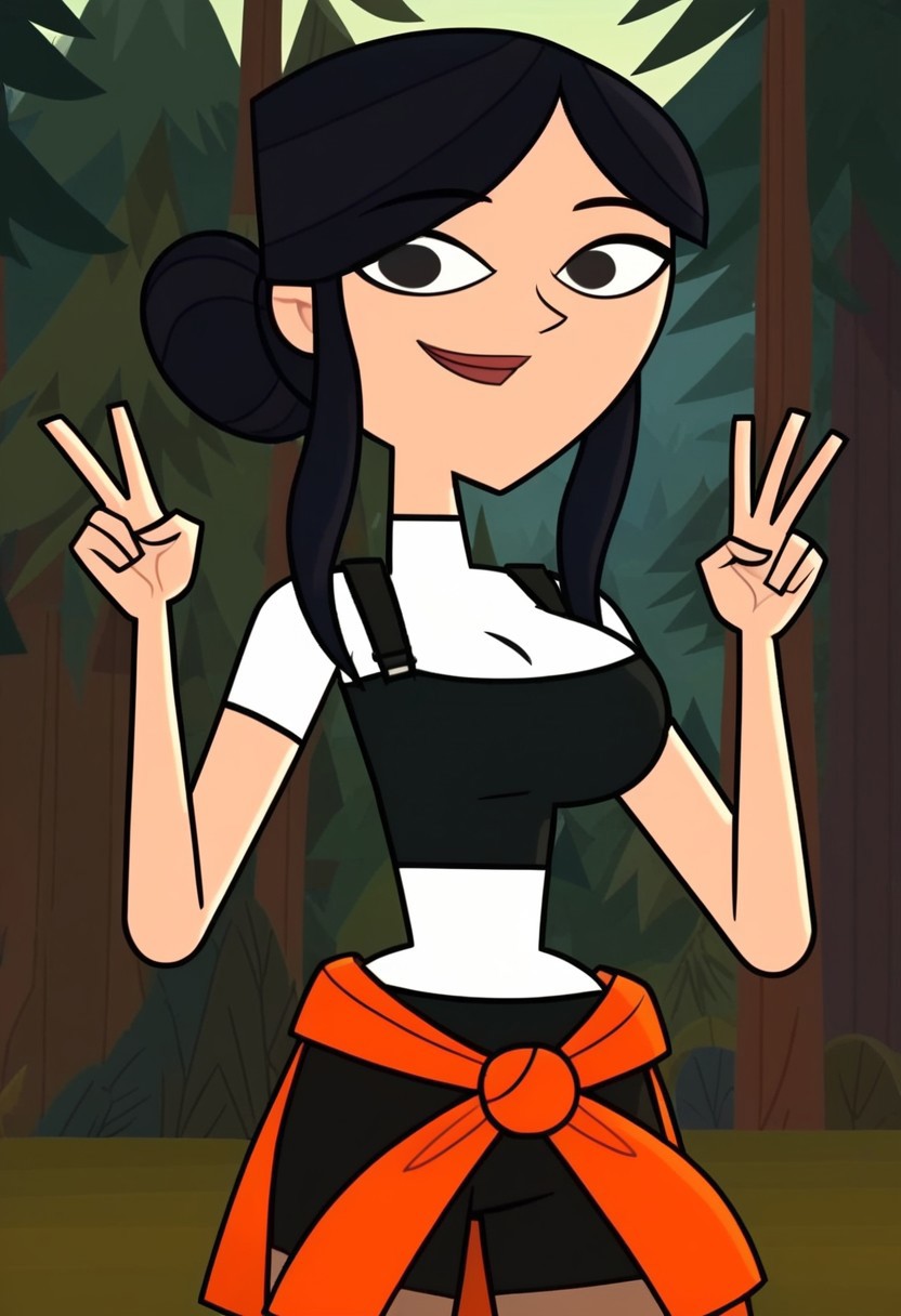 ((Forest background)),score_9, score_8_up, score_7_up,score_6_up, 
1girl, Solo, Tess_DC, light skin, black eyes, black hair, hairstyle low bun, short black top, white t-shirt, orange hoodie tied at her waist, black tight shorts, beige pantyhose, black sneakers, big eyes, tall stature, social smile, perfect eyes, perfect smile, looking at the viewer, big breasts, detailed eyes, perfect eyes, cute, standing, (front pose, bust shot, close up to face, face portrait:1) 5 fingers, perfect hands, hand up symbol peace