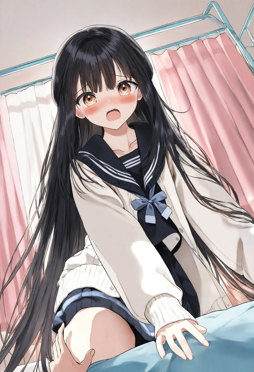 <lora:penta1_noob1.1-000139:1>,
1girl, pleated skirt, skirt, curtains, puffy long sleeves, sailor collar, very long hair, puffy sleeves, cardigan, long hair, sleeves past wrists, blush, school uniform, brown eyes, black hair, long sleeves, indoors, wavy mouth, black sailor collar, serafuku, looking at viewer, sweat, solo focus, black skirt, white cardigan, 1boy, infirmary, 1other, shirt, bow, bed, neck ribbon, collarbone, open mouth, blue bow,
masterpiece,best quality,newest,absurdres,highres,very awa,