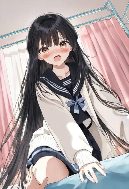 <lora:penta1_noob1.1-000139:1>,
1girl, pleated skirt, skirt, curtains, puffy long sleeves, sailor collar, very long hair, puffy sleeves, cardigan, long hair, sleeves past wrists, blush, school uniform, brown eyes, black hair, long sleeves, indoors, wavy mouth, black sailor collar, serafuku, looking at viewer, sweat, solo focus, black skirt, white cardigan, 1boy, infirmary, 1other, shirt, bow, bed, neck ribbon, collarbone, open mouth, blue bow,
masterpiece,best quality,newest,absurdres,highres,very awa,