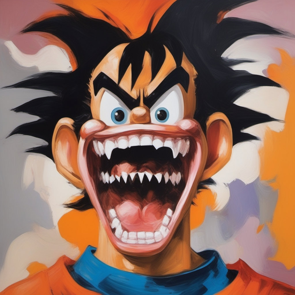 painting of Goku  with sharp teeth, George Condo Style, horror(theme),  <lora:MBTDF xl-000001:0.9>