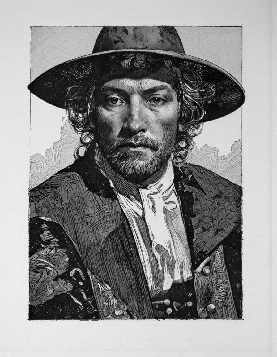 Art by Thomas Haller Buchanan.
This is a highly detailed, black-and-white drawing of a man, rendered in a semi-realistic, high-contrast style on smokey paper.
The drawing is done in a realistic style, with intricate cross-hatching and shading techniques that convey texture and depth. The man has a rugged, weathered face with prominent cheekbones, a strong jawline, and a thick, bushy mustache. His hair is curly and slightly unkempt, and he wears a wide-brimmed hat that casts a shadow over his forehead, adding to the somber mood of the image. His attire is historical, consisting of a high-collared, white shirt with visible folds and a dark, textured coat that appears to be made of a heavy material. The background is minimalistic and white, allowing the focus to remain entirely on the man's face and attire. The artist's skillful use of light and shadow creates a three-dimensional effect, making the man's facial features and clothing textures stand out prominently. The overall style and execution of the drawing evoke a sense of realism and historical accuracy, reminiscent of 17th-century portraiture.