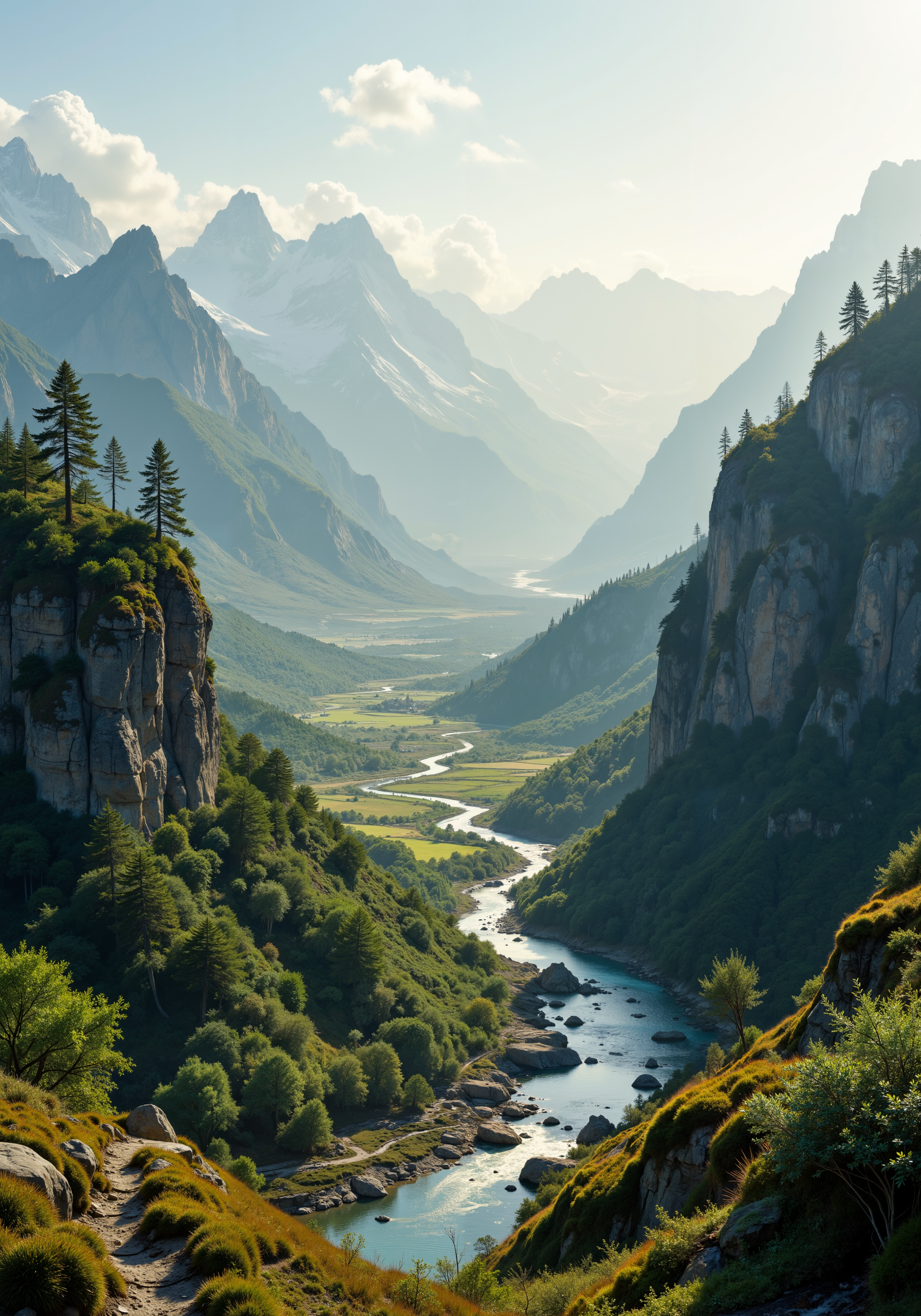 immaculate panorama of diverse natural realms, sweeping aerial view of towering mountain ranges juxtaposed with serene coastal shores, intricate textures of lush forests, expansive arid deserts and rolling valley vistas, radiant early light enhancing vibrant greens, warm ochres and soft blues; mesmerizing low-angle capture of rugged cliffs and delicate close-ups of dew-kissed blossoms, eye-level glimpse of meandering streams and dynamic tracking perspective through mossy trails, 8k masterpiece quality, hyper-detailed intricacy, cinematic lighting, atmospheric depth, elegant spatial gradients, natural textures layered in refined clarity <lora:Ganin_II:0.4> <lora:artisketchyfs-v02:0.4> <lora:bm-goth_epoch_1:0.2> <lora:é»è²å¹»æ³_1.0:0.5> <lora:ck-charcoal-drawing-000014:0.1> <lora:flux_dev:1>