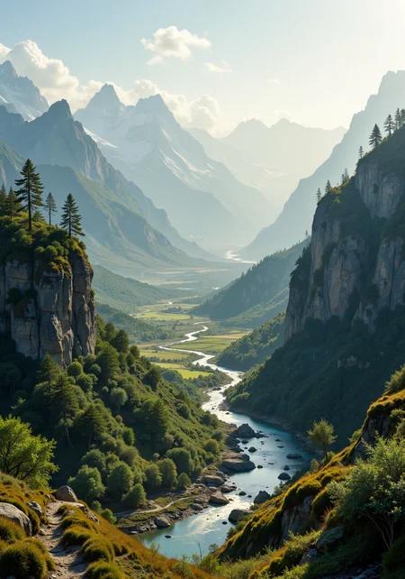 immaculate panorama of diverse natural realms, sweeping aerial view of towering mountain ranges juxtaposed with serene coastal shores, intricate textures of lush forests, expansive arid deserts and rolling valley vistas, radiant early light enhancing vibrant greens, warm ochres and soft blues; mesmerizing low-angle capture of rugged cliffs and delicate close-ups of dew-kissed blossoms, eye-level glimpse of meandering streams and dynamic tracking perspective through mossy trails, 8k masterpiece quality, hyper-detailed intricacy, cinematic lighting, atmospheric depth, elegant spatial gradients, natural textures layered in refined clarity <lora:Ganin_II:0.4> <lora:artisketchyfs-v02:0.4> <lora:bm-goth_epoch_1:0.2> <lora:é»è²å¹»æ³_1.0:0.5> <lora:ck-charcoal-drawing-000014:0.1> <lora:flux_dev:1>