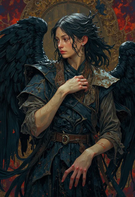 Digital painting art , darkness deep context backgrounds,  by Ashley Wood, young woman angel,