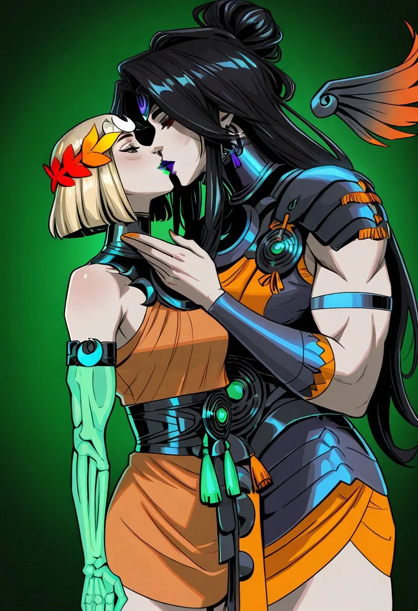 HadesCharacterArtstyle-IL-V1.0, masterpiece, best quality, newest, absurdres, highres, yuti, 2girls, lesbian, multiple girls, size difference, height difference, kissing, kiss, BREAK 1girl, nemesishades-IL.V1.0 lipstick, purple lipstick, yellow eyes, black hair, muscular female, floating wings BREAK 1girl, melinoeehades-IL.V1.0, melinoe, green lips, hair ornament, laurel crown, heterochromia, green eyes, red eyes, mismatched sclera, black sclera,single elbow glove, skeletal arm