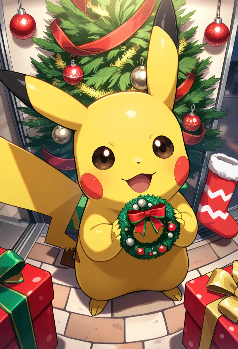 (masterpiece, best quality, high quality, good quality),no humans,christmas ornaments,candy,christmas wreath,christmas stocking,gift,christmas tree,
pikachu,pokemon \(creature\),
outdoors,full body,from above,<lora:Animal_Christmas:0.7>,animal christmas,<lora:ponyv4_noob1_2_adamW:0.6>,<lora:cutesexyrobutts_style_illustrious_goofy:0.6>,