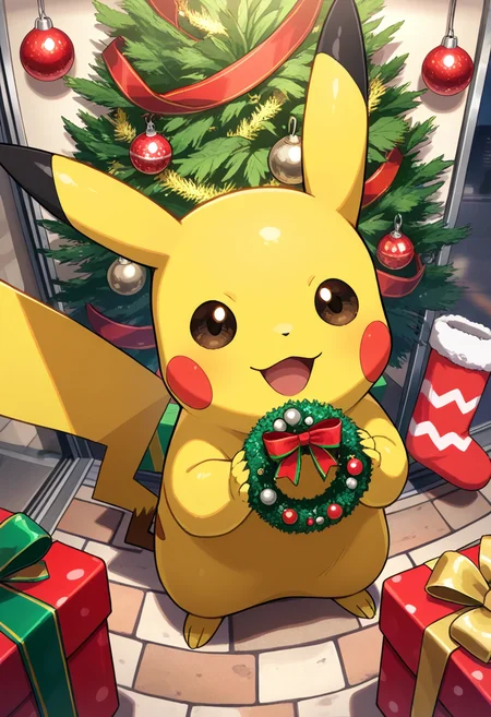 (masterpiece, best quality, high quality, good quality),no humans,christmas ornaments,candy,christmas wreath,christmas stocking,gift,christmas tree,
pikachu,pokemon \(creature\),
outdoors,full body,from above,<lora:Animal_Christmas:0.7>,animal christmas,<lora:ponyv4_noob1_2_adamW:0.6>,<lora:cutesexyrobutts_style_illustrious_goofy:0.6>,