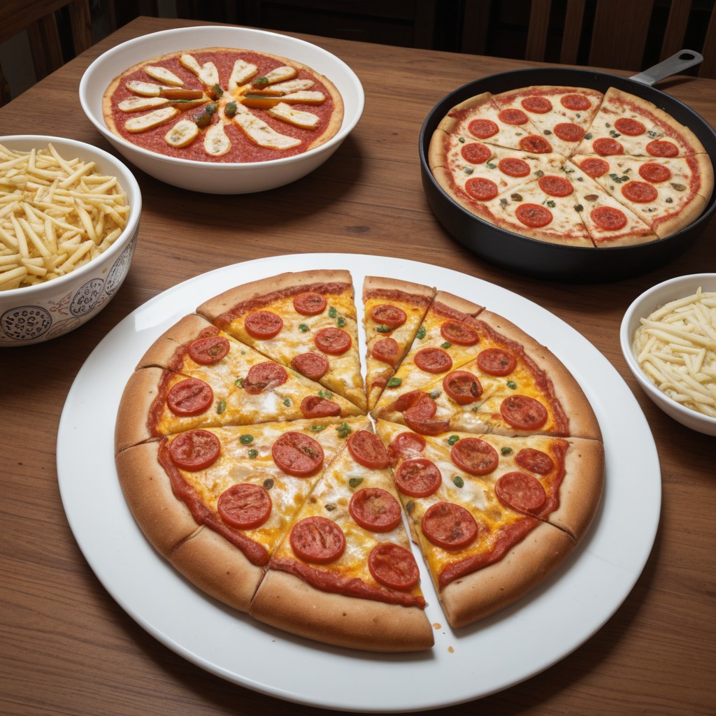 foodpho , High resolution food photography style using Sony A7RIV, The image shows  meat pizza on a wooden cutting board. the filling consists of ham, pepperoni and other meat pizza ingredients. all meat pieces are highly-detailed. lots of cheese, pizza cut into pieces. a bowl  with French fries  nearby on the cutting board. The velvety texture of the fried potatoes. The cutting board is placed on a rustic wooden table. The image is detailed and shot using a 50mm f 1.8 lens.