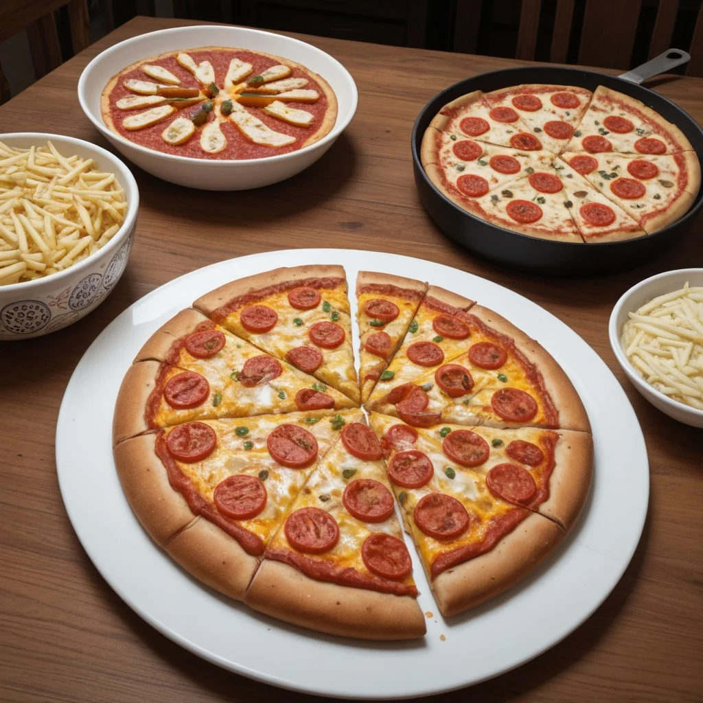 foodpho , High resolution food photography style using Sony A7RIV, The image shows meat pizza on a wooden cutting board. the filling consists of ham, pepperoni and other meat pizza ingredients. all meat pieces are highly-detailed. lots of cheese, pizza cut into pieces. a bowl with French fries nearby on the cutting board. The velvety texture of the fried potatoes. The cutting board is placed on a rustic wooden table. The image is detailed and shot using a 50mm f 1.8 lens.