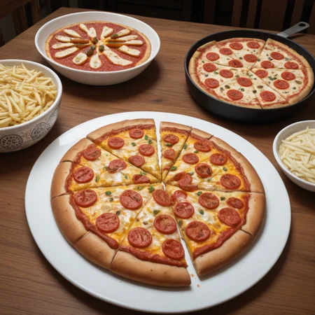 foodpho , High resolution food photography style using Sony A7RIV, The image shows meat pizza on a wooden cutting board. the filling consists of ham, pepperoni and other meat pizza ingredients. all meat pieces are highly-detailed. lots of cheese, pizza cut into pieces. a bowl with French fries nearby on the cutting board. The velvety texture of the fried potatoes. The cutting board is placed on a rustic wooden table. The image is detailed and shot using a 50mm f 1.8 lens.