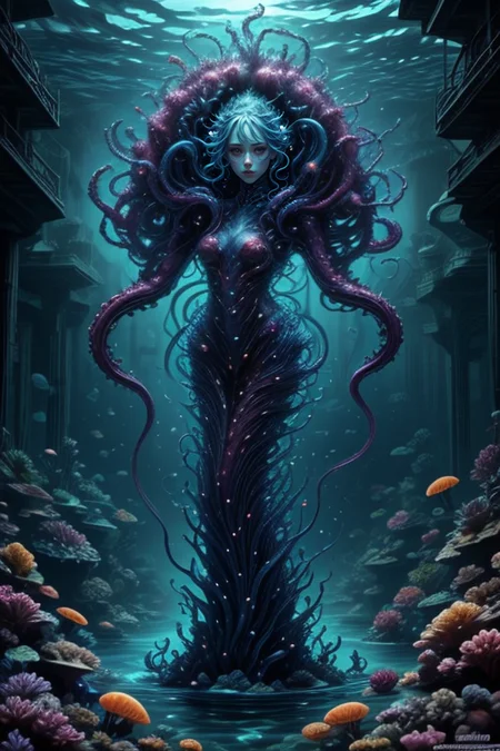 at distance,cowboy shot,posing,flirting,[playful gaze, smirking,radiant smile:1.1],1girl,complex background,complex stuff,<lora:Concept_-_Hella-sthetic_v2:0.7>,<lora:Underwater_world:0.7>,bioluminescence,underwater world,fantastic sea creatures,mermaids,watercraft,tentacles,coral,organisms and other marine life,fantastic and mythical sea creatures,, intricate, elegant, highly detailed, symmetry, magical atmosphere, sharp focus, majestic, very coherent, radiant, advanced, cinematic, artistic, fine detail, winning, beautiful, stunning, dramatic light, designed, rich deep colors, perfect professional background, ambient, tailored set composition