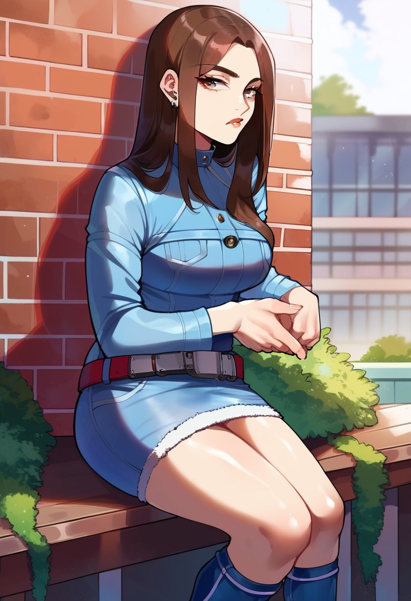 score_9, score_8_up, score_7_up, score_6_up, bad_prompt_version2, high quality, absurd res, perfect anatomy, good hands, masterpiece, looking at the viewer, fullbody, classroom BREAK chiakismtiii, long hair, dark brown hair, denim dress, long sleeves, belt, knee boots, denim boots, leaning against the wall, neutral face, bored,