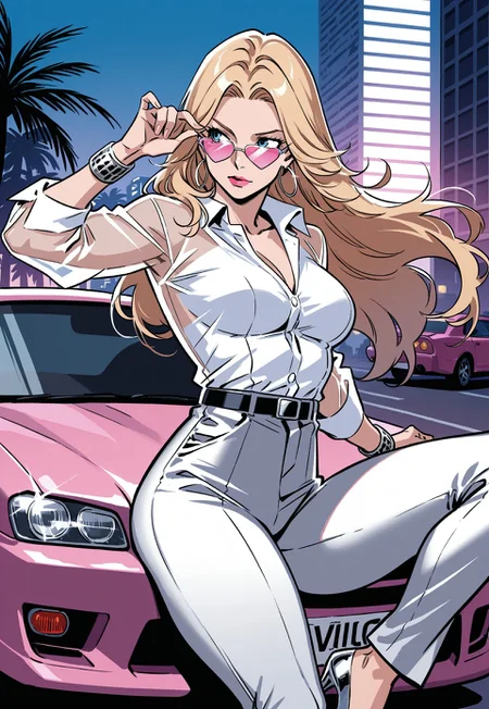 1girl, solo, detailed face, detailed eyes, Dazzler, blue eyes, blonde hair, long hair, thick thighs, medium breasts, toned female, collarbone, 
BREAK
see-through shirt, white buttoned shirt, collared shirt, long sleeves, see-through sleeves, white undershirt, glint, (star-shaped eyewear, pink-tinted eyewear), hoop earrings, silver bracelets, belt, high-waist pants, white dress pants, silver stiletto heels, pink lips, lipstick,
BREAK
dynamic pose, sitting, on car, on car hood, looking over eyewear, adjusting eyewear, sideways glance, looking at viewer, 
BREAK 
Outdoors, 80s, pink car, motor vehicle, sports car, (nissan skyline:1.4), (car out of frame:0.9), miami vice city, art deco neon hotels, palm trees, pink and teal sunset, urban environment, detailed background, 
BREAK
(safe_pos, fine texture, masterpiece, ultra-detailed, very aesthetic, absurdres, volumetric lighting, scenery, newest, absolutely eye-catching, rating_explicit),
BREAK.