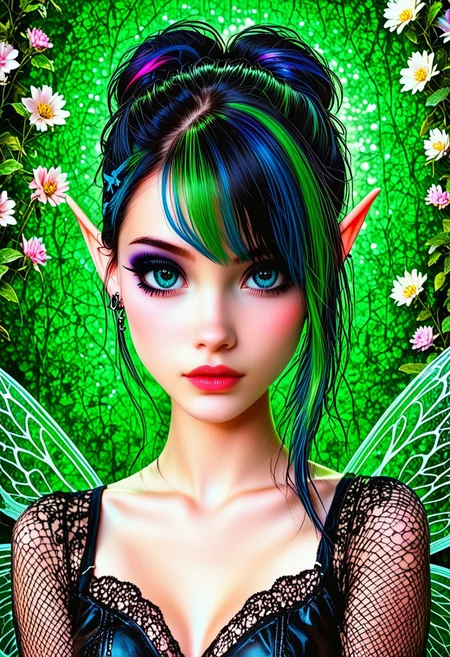 Goth, emo, fairy, humanoid feminine fairy with a pale mauve skin, intricate pearlescent horns, and multiple eyes, set against a vibrant green background. The fairie face is expressive, with a hint of curiosity and intelligence in its gaze. Its body is covered in intricate patterns and markings, suggesting a complex and ancient culture. The background is filled with flowers andushrooms, creating a sense of mystery and wonder. The flowers in her hair are a perfect, and they add a touch of femininity to her otherwise magical appearance. The forest is a perfect setting for this image, and it adds to the overall sense of mystery and intrigue. The fairies wings are sleek and shiny.
BREAK
HDR, (high contrast), (vibrant color), (ultra sharp), detailed textures, sharp focus, ultra-high pixel detail, intricate, realistic, movie scene, cinematic, high-quality, full colors, incredibly detailed, 4k, 8k, 16k, hyper-realistic, RAW photo, masterpiece, ultra-detailed, professionally color graded, professional photography, stunning quality, ultra-high resolution, photorealistic, 8k, hyper-realistic, Rembrandt lighting