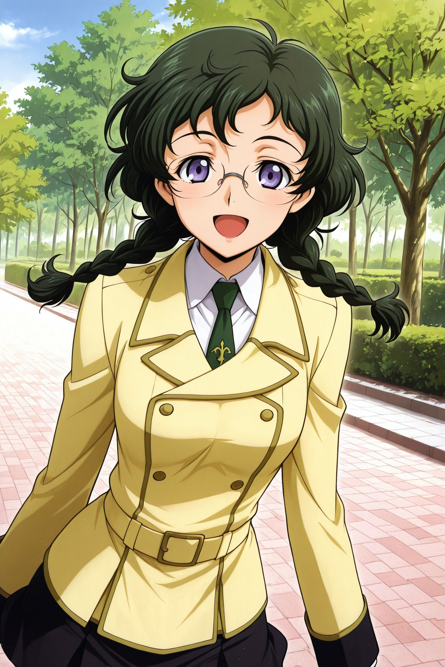 Nina Einstein,1girl,solo,happy,smile,open mouth,green hair,twin braids,bangs,short hair,purple eyes,blue eyes,glasses,rimless eyewear,ashford academy school uniform,yellow jacket,white shirt,collared shirt,long sleeves,green necktie,black skirt,miniskirt,standing,outdoors,school,looking at viewer,upper body,
<lora:Takahiro Kimura_illustriousXL:1.5>,