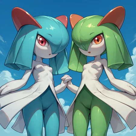score_9, score_8 score_7, score_6_up, 2girls, holding_hands, Kirlia, Shiny_kirlia, blue_hair, green_hair, masterpiece, looking at viewer, from_below, multicolored_skin, duo,