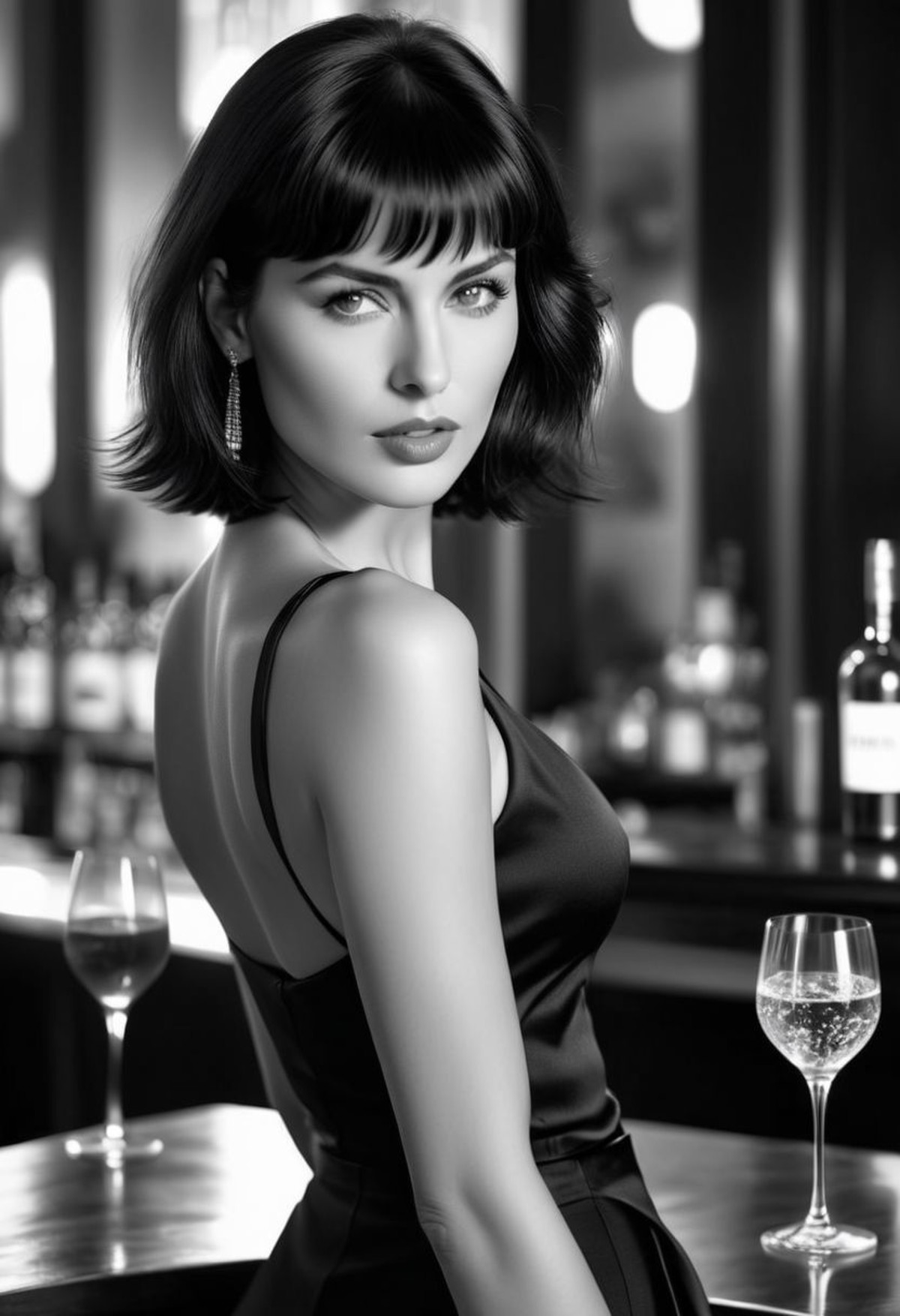 beautiful woman ,seductive, Hair like Mia Wallace, counter , tuxedo,Skirt,only color is a glass of Aperol spritz (masterpiece) (best quality) (detailed) (8k) (HDR) (wallpaper) (cinematic lighting) (sharp focus) (intricate)