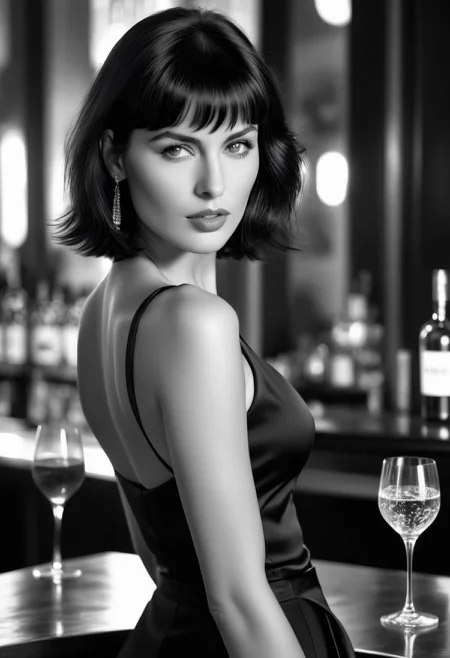  beautiful woman ,seductive, Hair like Mia Wallace, counter , tuxedo,Skirt,only color is a glass of Aperol spritz (masterpiece) (best quality) (detailed) (8k) (HDR) (wallpaper) (cinematic lighting) (sharp focus) (intricate)