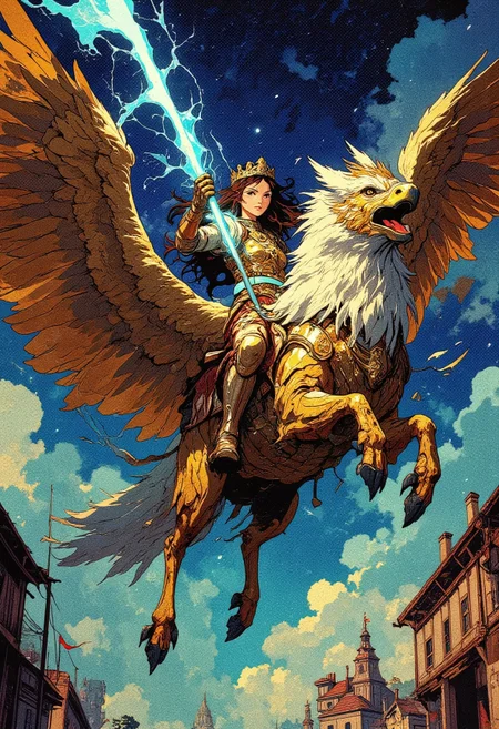 (A highly detailed) (up to down view) 
Fierce woman warrior, with a tiara on her head, female fantasy armor from the Middle Ages, holding something like a lightning bolt, which glows bright cyan light, she is as if ready to throw it, the woman is riding a fetesian griffin in  golden armor, they are in the air, in flight, in the background you can see the stardust evening sky and the buildings of a Ancient village , retro anime, fantasy art