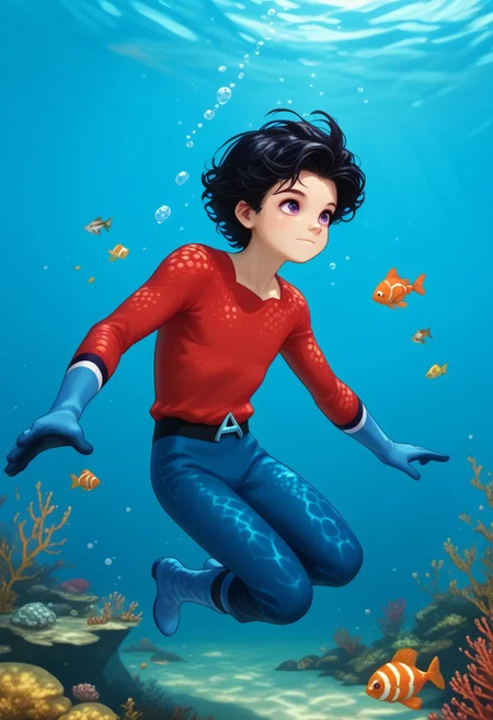 Underwater, fish, bubbles, 1boy, solo, cute boy, floating underwater, fully submerged, Aqualad, Black Hair, Purple eyes, red shirt, blue gloves, blue pants, red boots